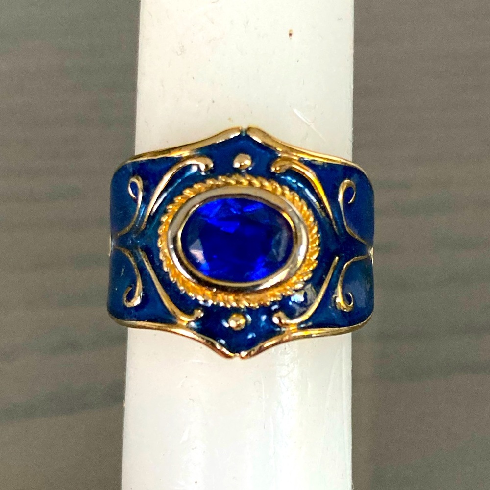 Oval Blue Spinel Enamel Vermeil Cigar Band Rope Trim Ring sz 10